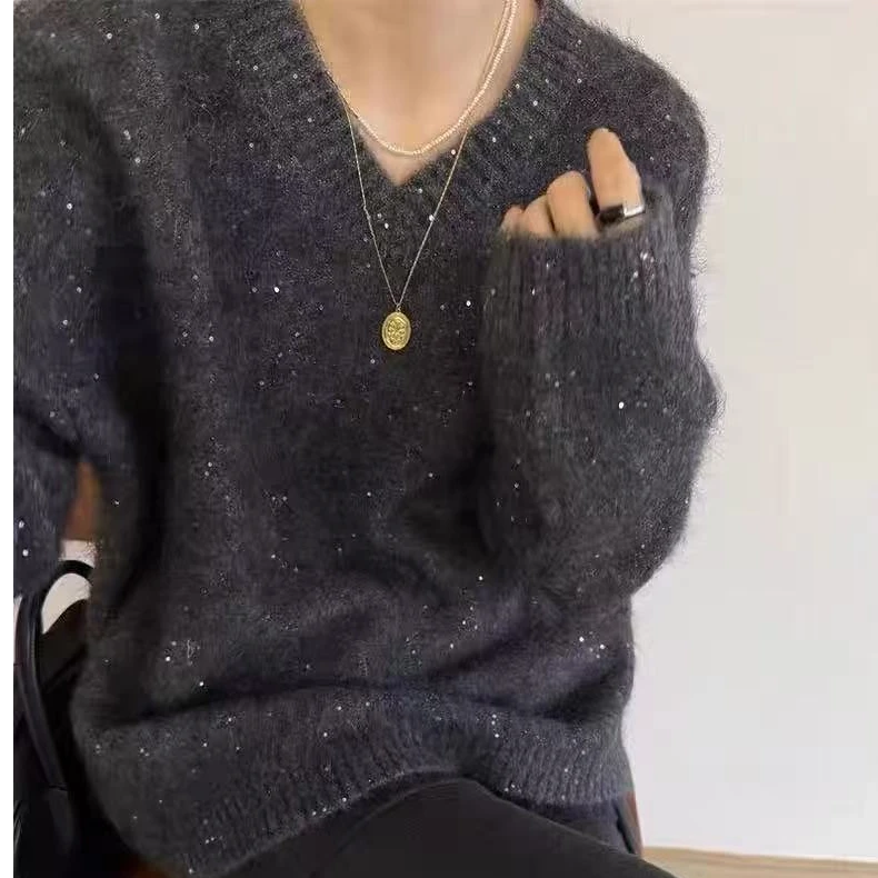 2024新款亮片V领宽松套头软糯满天星亮丝毛衣网红针织时尚百搭