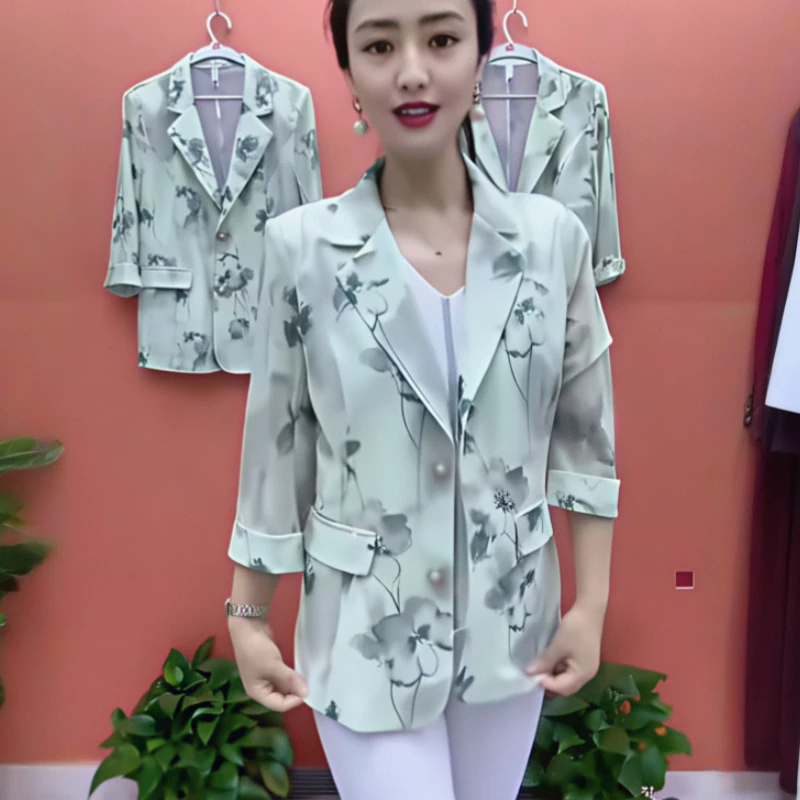 时尚气质七分袖薄款西装外套女2025夏季新款宽松显瘦印花妈妈上衣