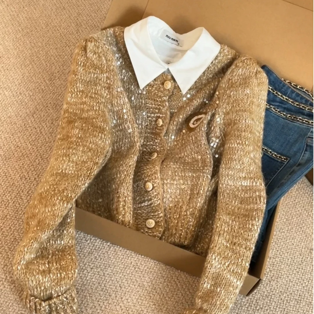 SAITPATID/锡特帕第复古假两件衬衫领针织开衫女长袖亮片毛衣外套