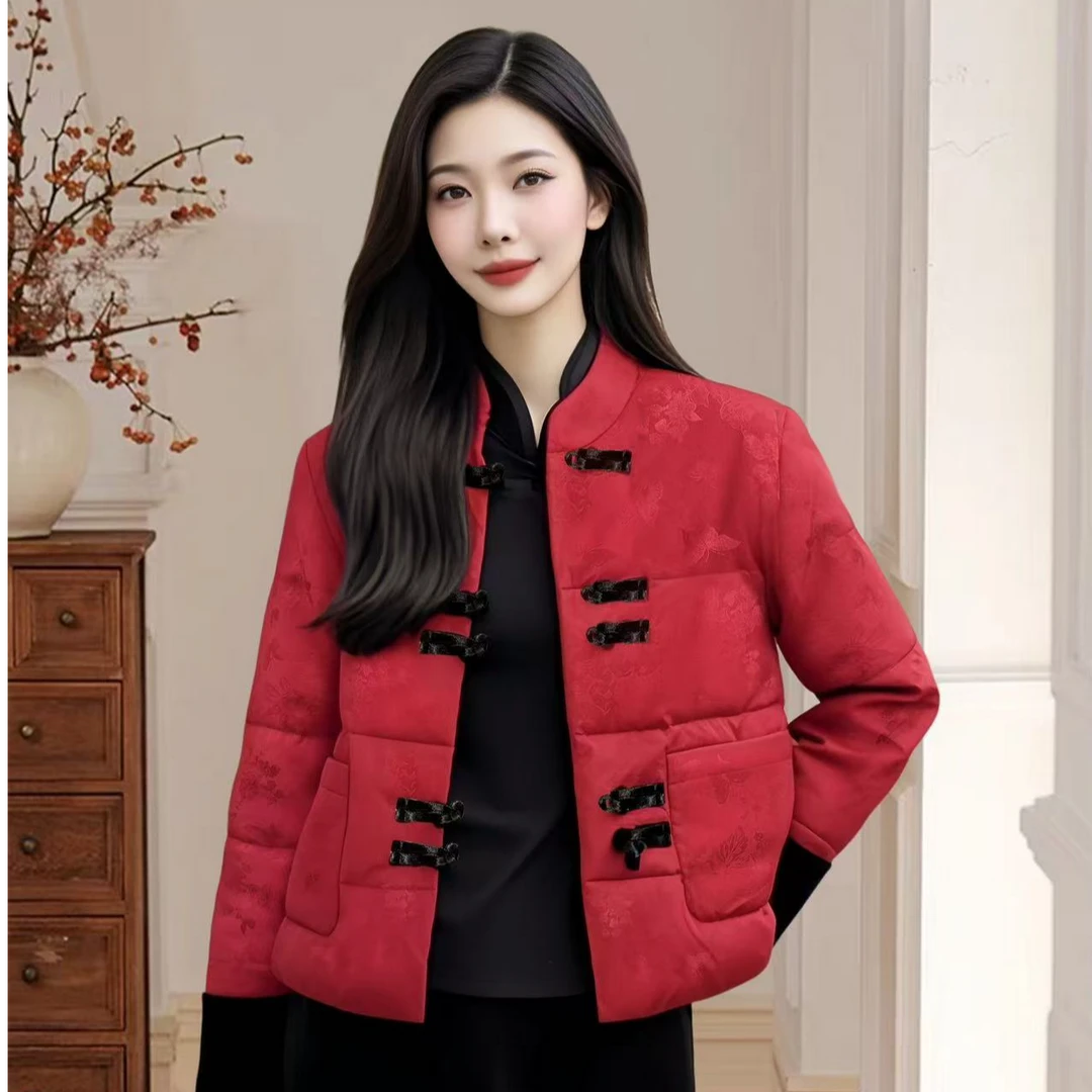 新中式国风红色提花棉服战袍女唐装高级感超好看棉服红色国风袄