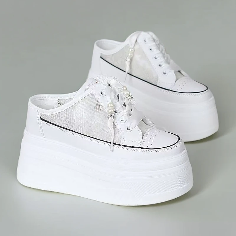 跟高10、12厘米内增高网面透气包头半拖鞋女鞋夏季新款厚底小白鞋