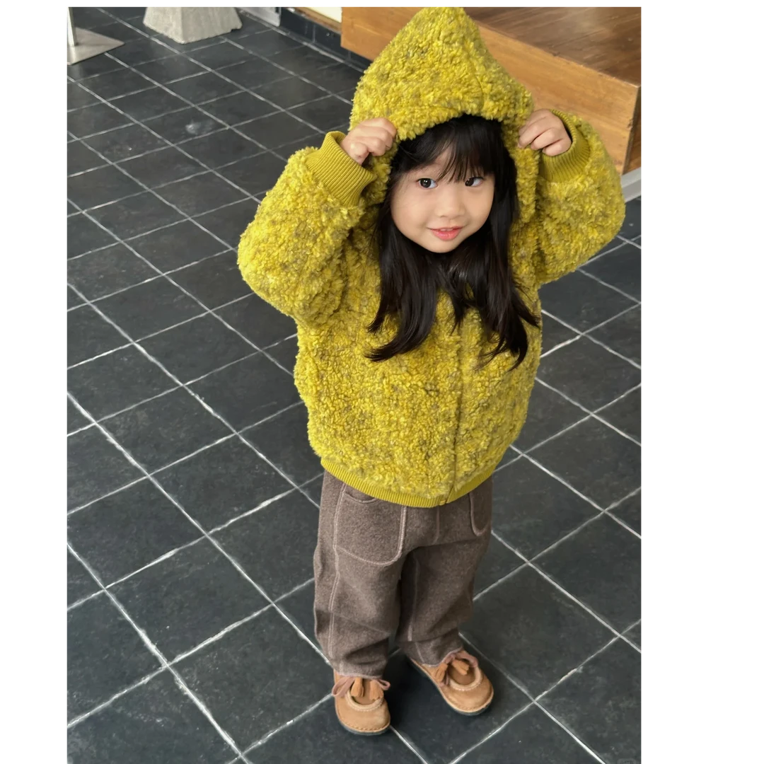 壹妈童装女童房间特别秋冬季时髦黄色毛绒加厚保暖外套棕色休闲裤