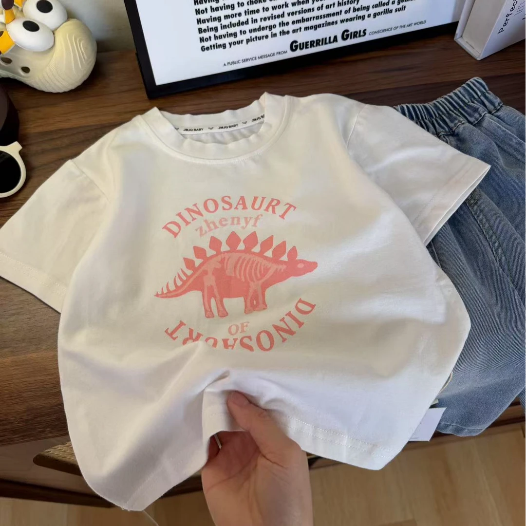 YM【JMJQ 20323】夏季新款儿童撞色恐龙印花套头短袖