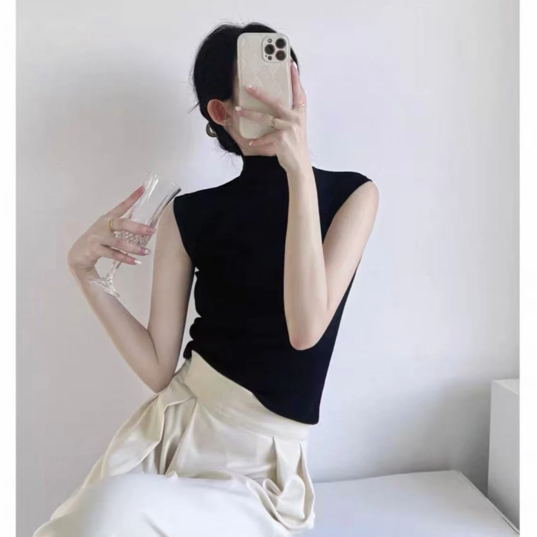 夏季新款内搭半高领修身针织背心法式高级感无袖上衣（2857）