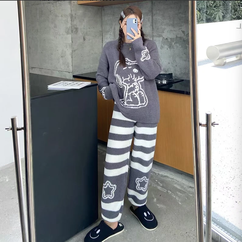 半边绒居家服睡衣套装保暖加绒高档可外穿秋冬家居服