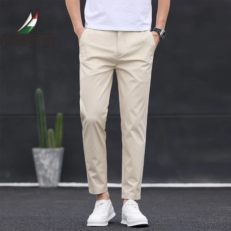 FORTEI/富鋌新款半松紧九分裤男士商务休闲直筒夏季薄款休闲裤