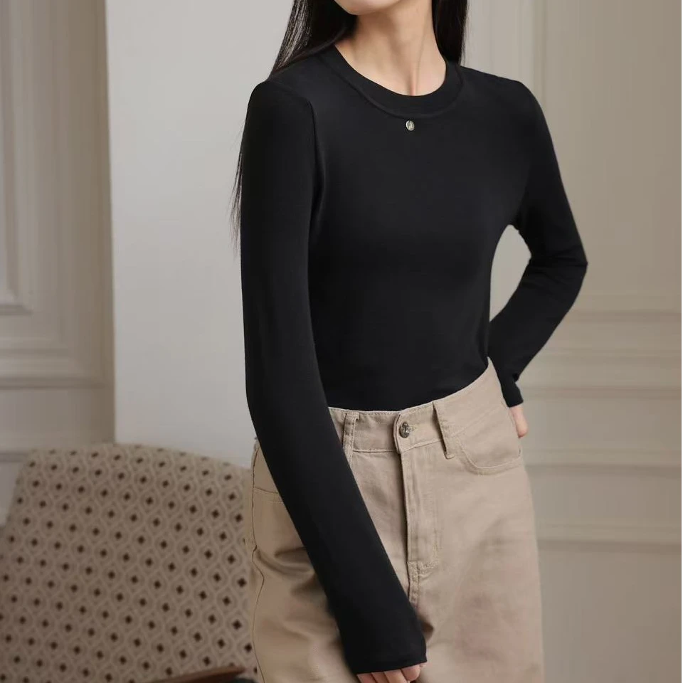 【琦儿专属】圆领长袖T恤纯色套头百搭黑色打底衫修身时尚紧身