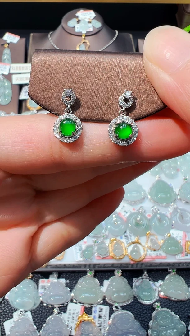 翡翠银S925镶嵌耳坠蛋面耳坠