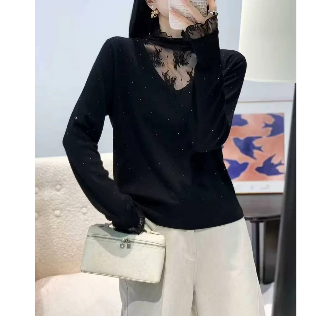 【重工烫钻】新款加绒蕾丝拼接设计感修身显瘦百搭打底衫T恤女9277