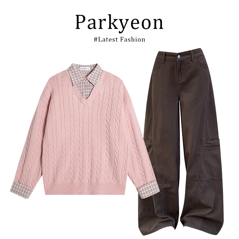 INSCEC粉色polo领衬衫拼接假两件毛衣女秋冬牛仔工装裤套装针织