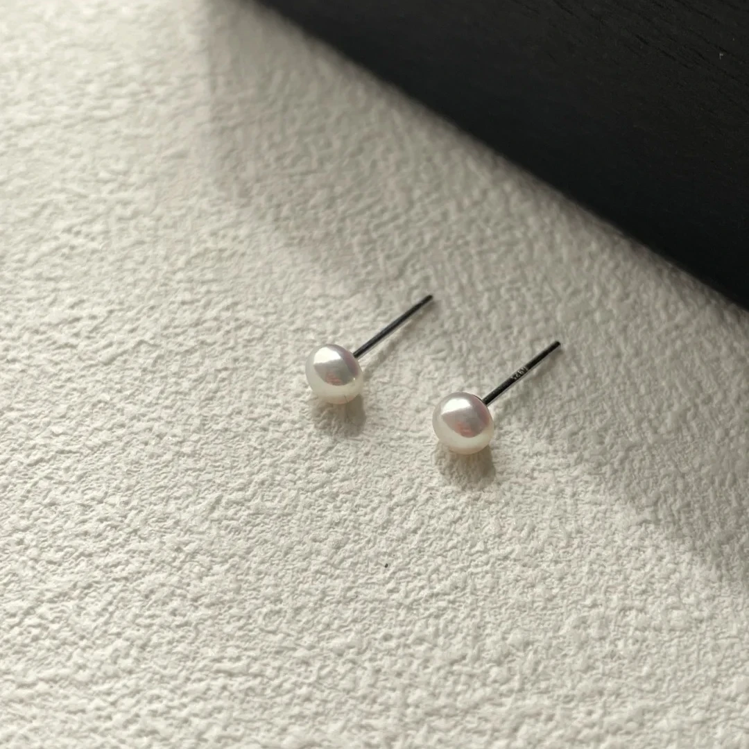5-6mm天然淡水迷你馒头珍珠耳钉素钉白色时尚小巧经典简约气质