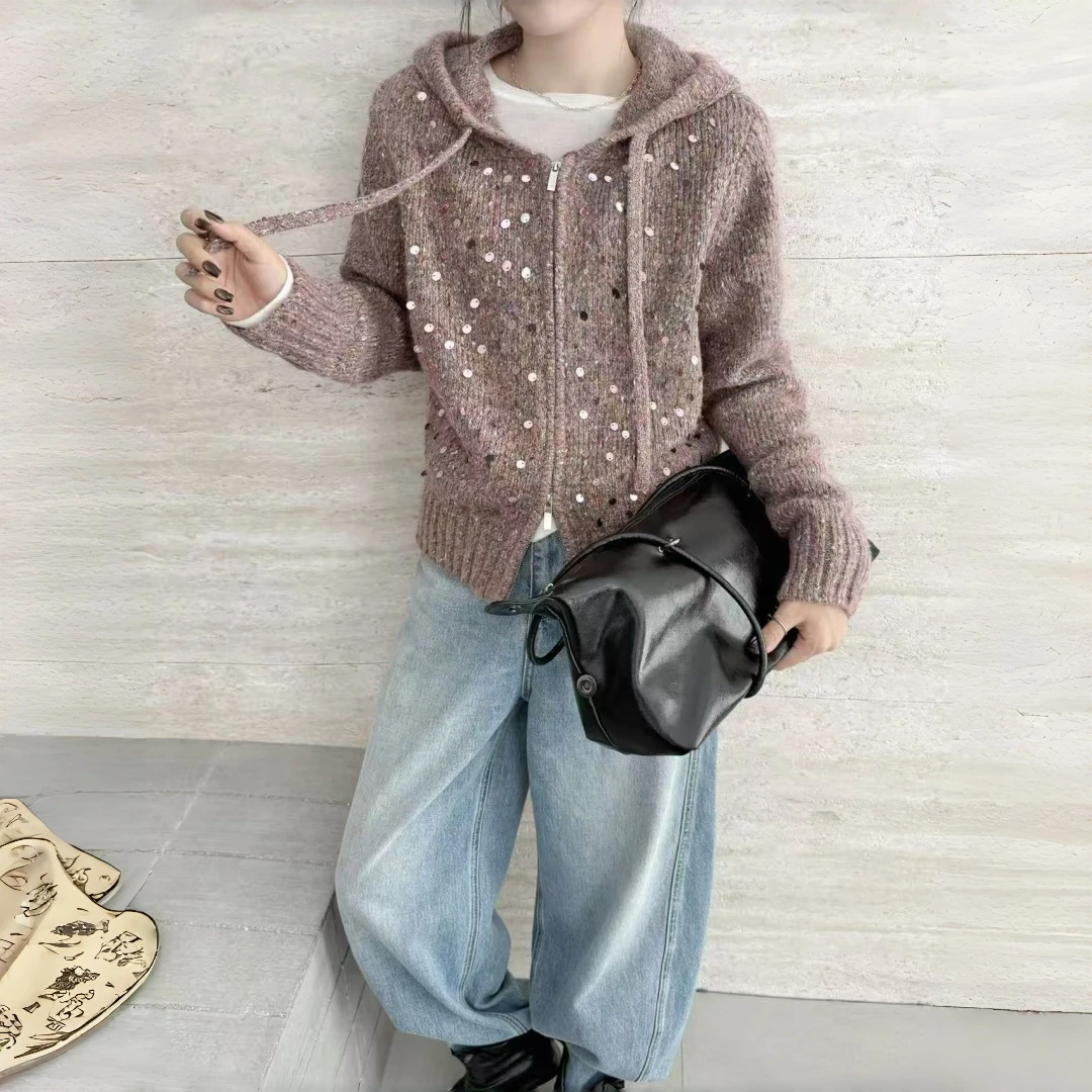 连帽系带长袖厚款针织开衫气质花纱毛衣短外套秋冬休闲亮片时尚女