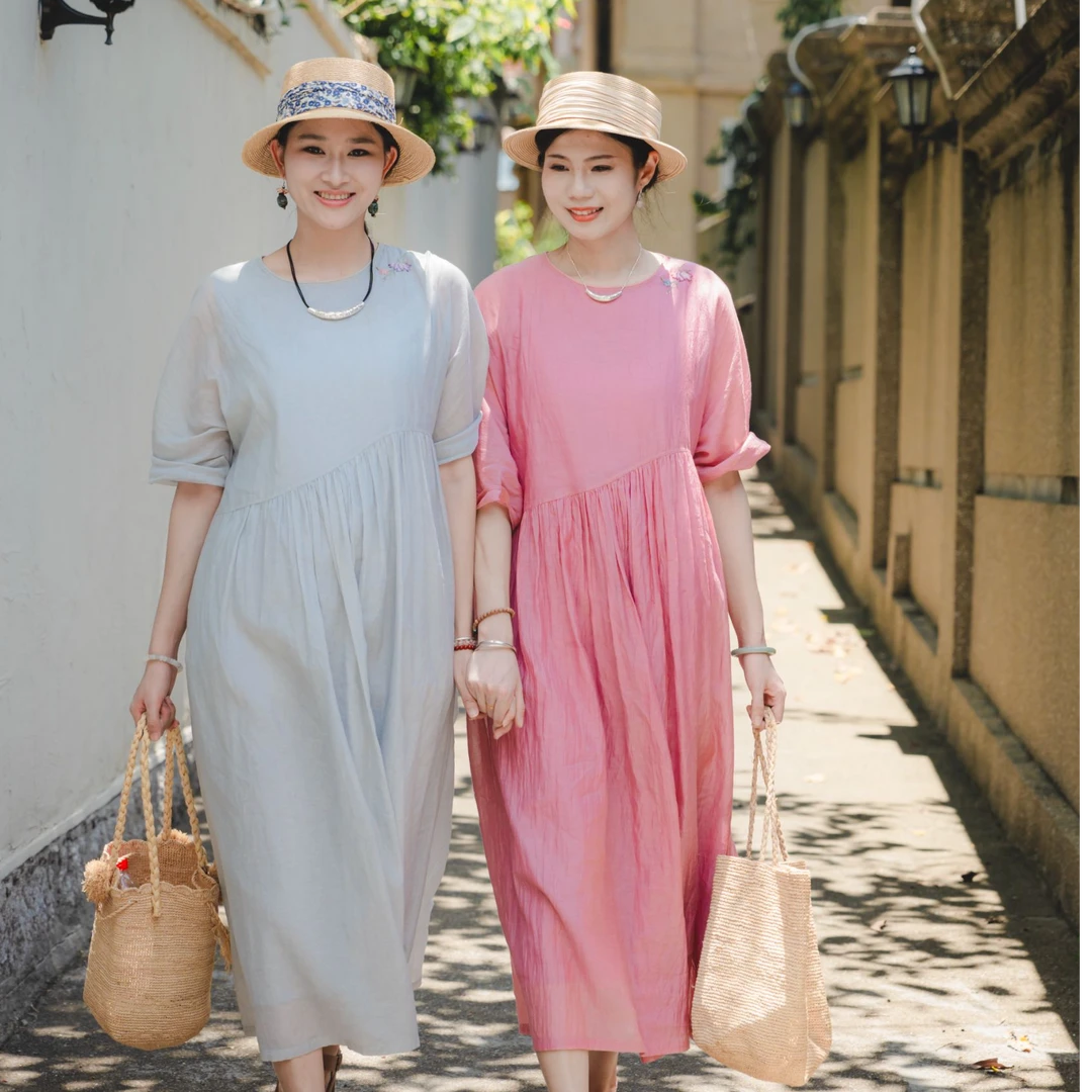 牧衣游原创 丝棉连衣裙女夏季新款宽松简约轻薄古朴长裙 漫夏