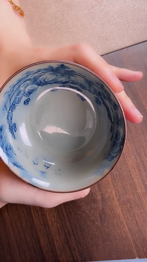 瓷片老陶泥青花山水普洱杯