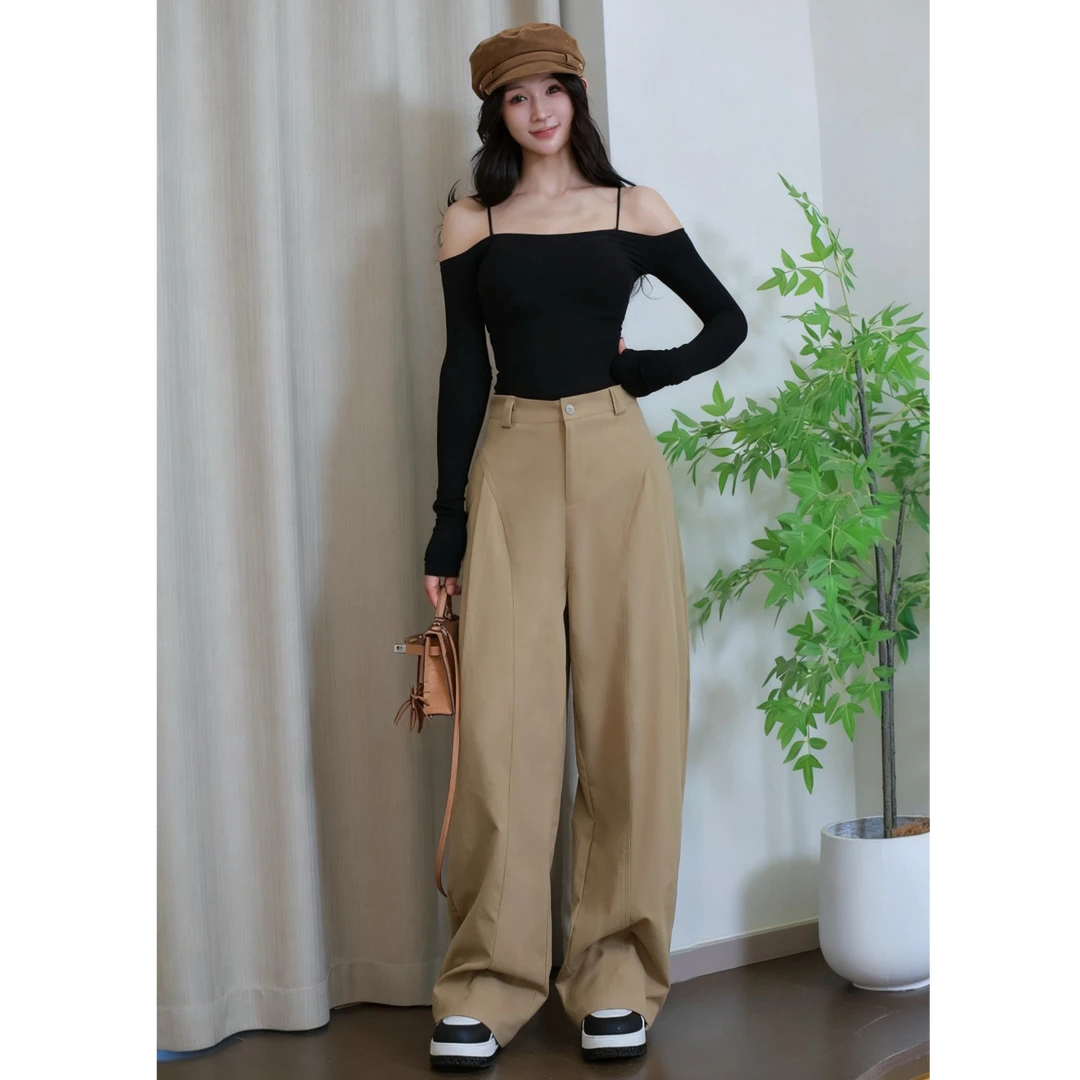 秋季新款卡其色女士阔腿弯刀裤上班年轻人女裤高腰休闲裤时尚女裤