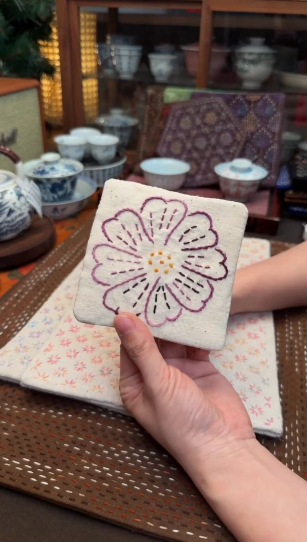 【闪购商品】织绣Cici手作刺子绣植物染茶席-白格桑