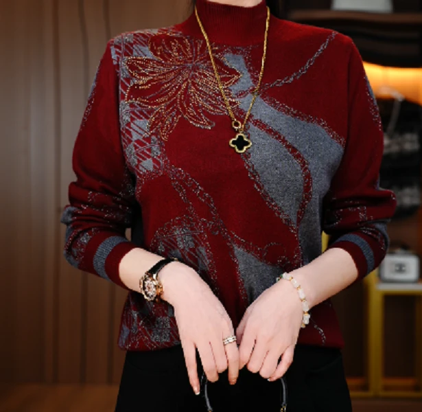 长袖保暖发热厚款圆领毛衣针织女装妈妈装半高领秋冬V25Q029