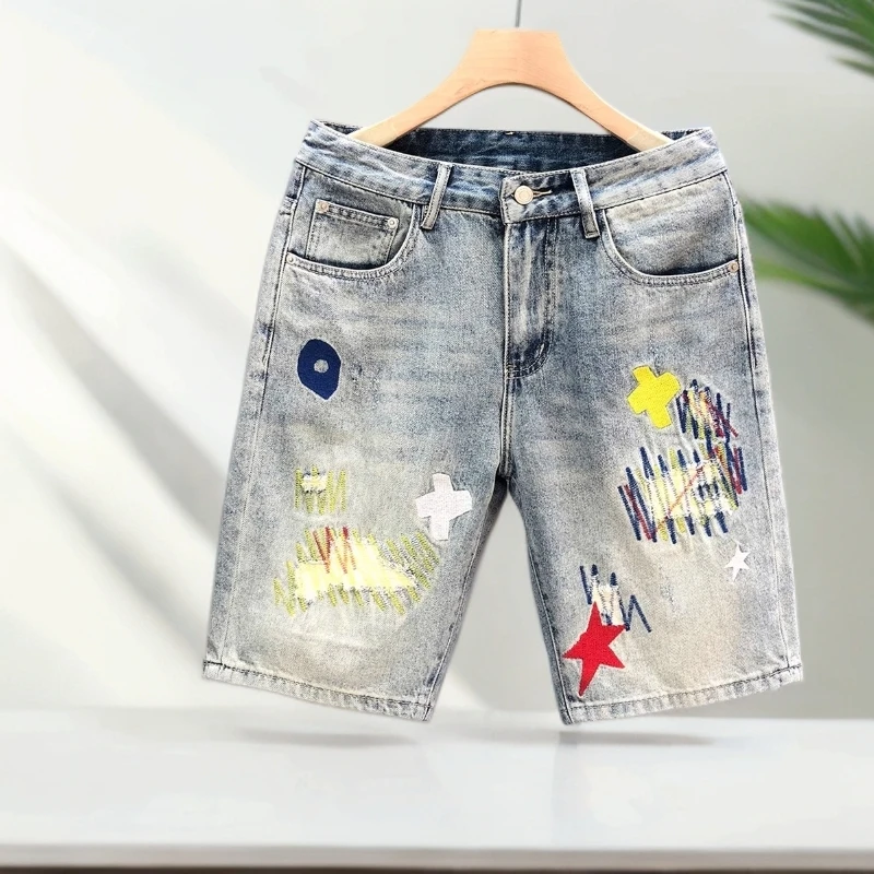 斯里卡琪高街刺绣牛仔短裤男款夏季薄款五分裤新款男士宽松大裤衩