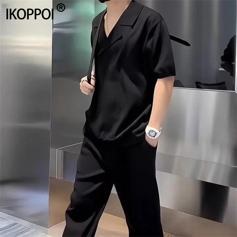 休闲套装男士夏季设计感西装领短袖轻熟风高弹宽松T恤长裤两件套