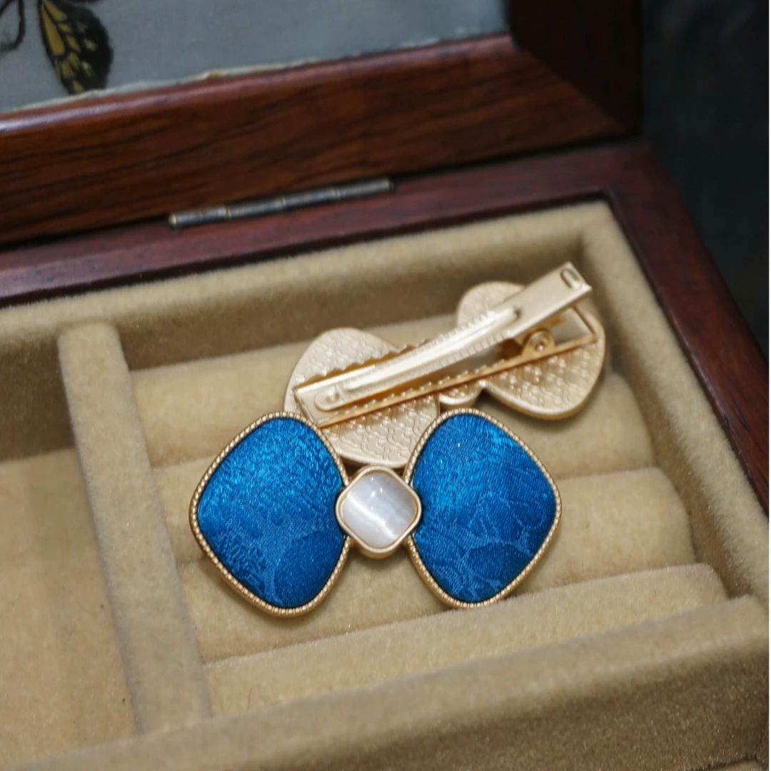 蚕丝提花缎气质海蓝色布艺蝴蝶结发夹复古新中式国风