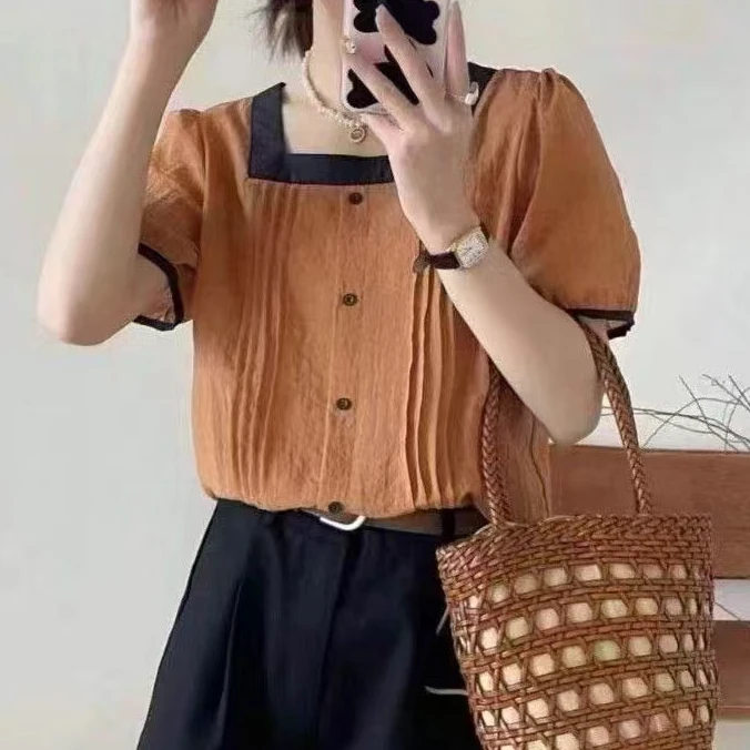 2025夏季新款时尚百搭方领拼色衬衫小众气质显瘦洋气上衣2527长59
