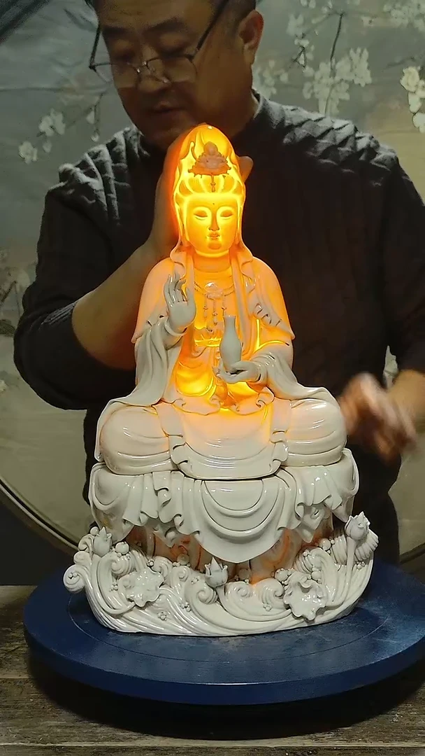 摆件德化瓷孩儿红观音造像，高46公分
