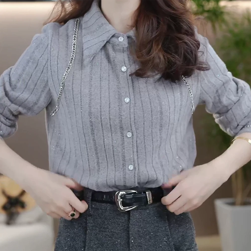 秋冬新款气质显瘦设计感细闪衬衣高级简约衬衫女