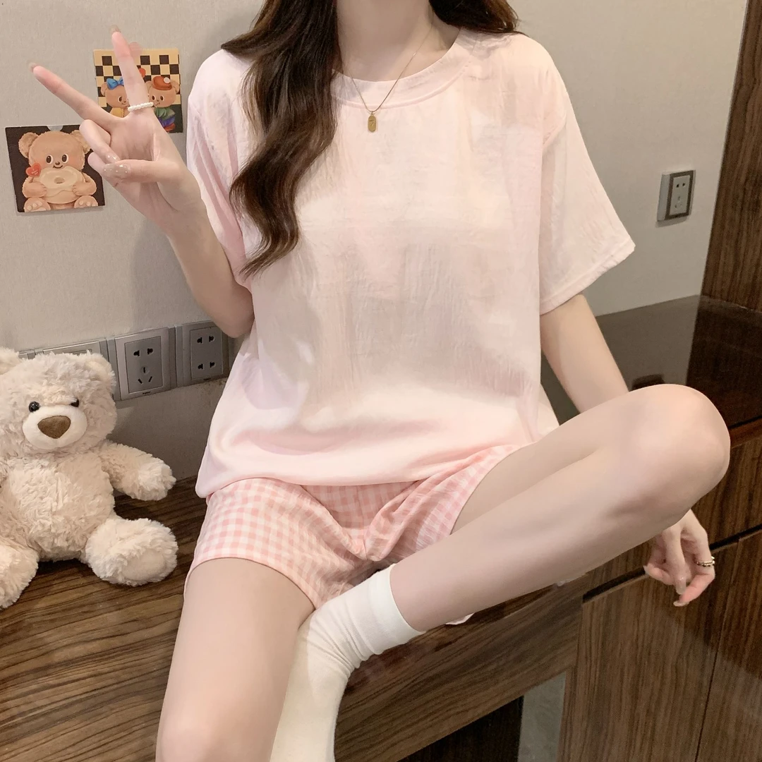 【嘉人有约】夏季带胸垫短袖套装大码宽松甜美女士夏天可外穿家居服