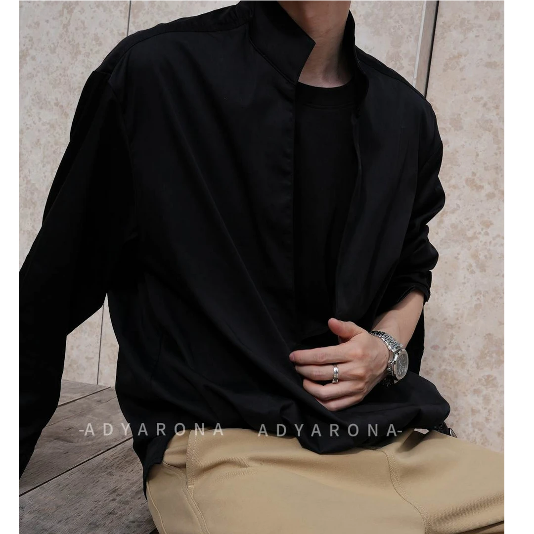 【素系列·微风】秋季假两件深V领时尚老钱极简主义长袖衬衫男士