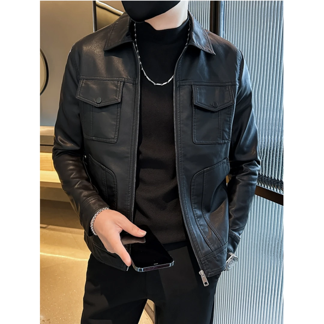 怀勤桑顿春秋季皮衣男款韩版潮流修身机车皮夹克潮牌翻领男士外套