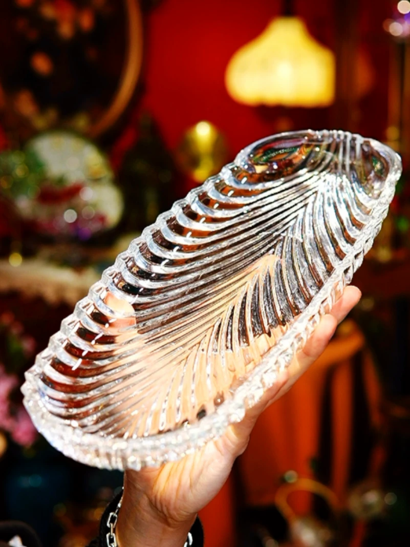 羽毛长果盘手工复古透明家用创意大号彩色婚庆欧式