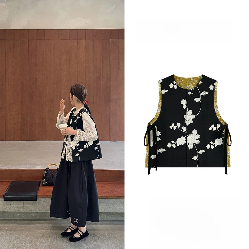 •夜莺• 2025新春系列新中式鎏金提花水墨绣花双面穿马甲上衣女装