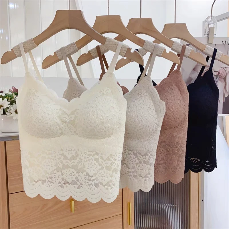 冰丝无痕拼接蕾丝吊带背心带胸垫一体式夏季薄款透气外穿美背内衣
