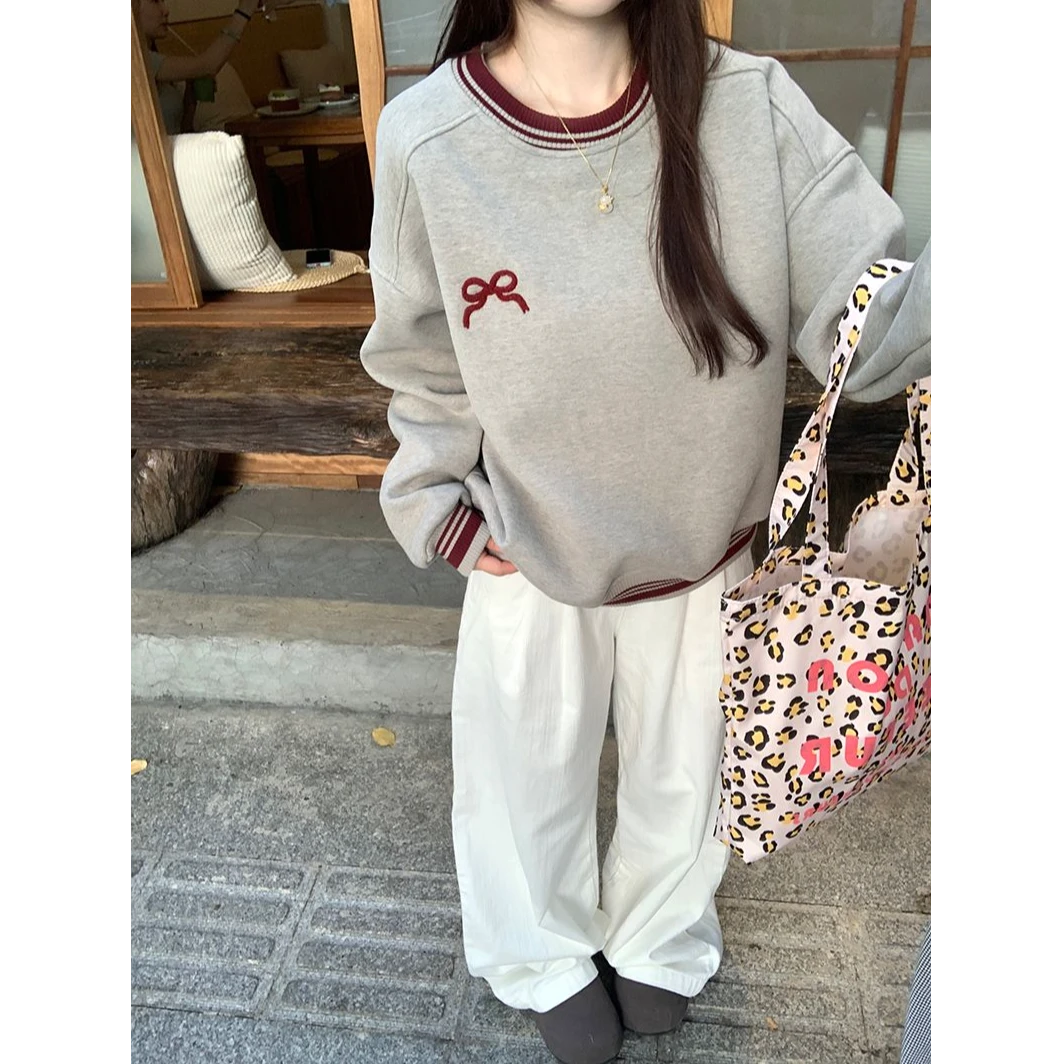 早春校园风圆领卫衣女新款长袖美式复古时尚老钱宽松上衣薄款休闲