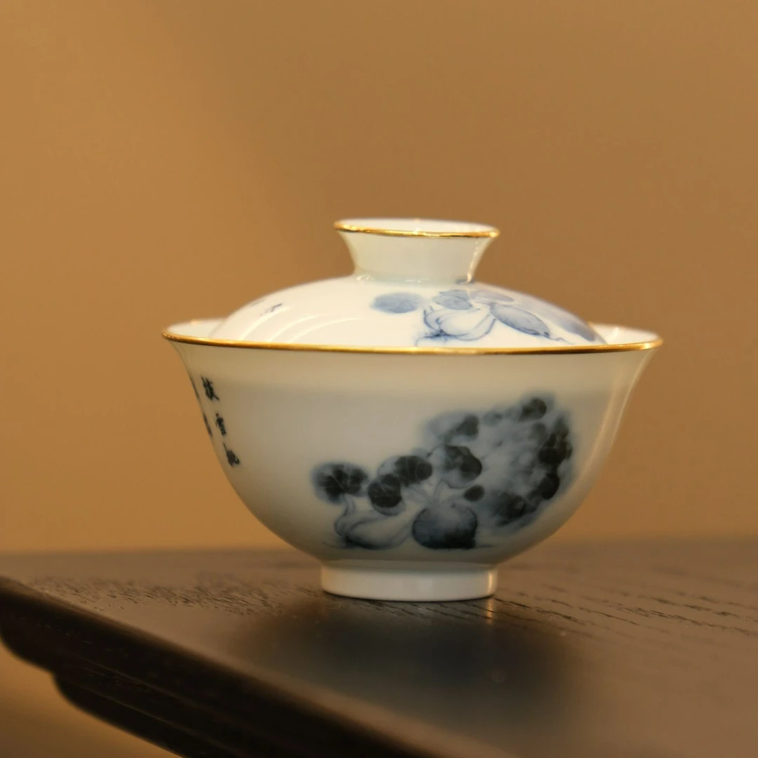 观一茶堂 | 定制款·手工青花白菜诗文盖碗100ml中式精美
