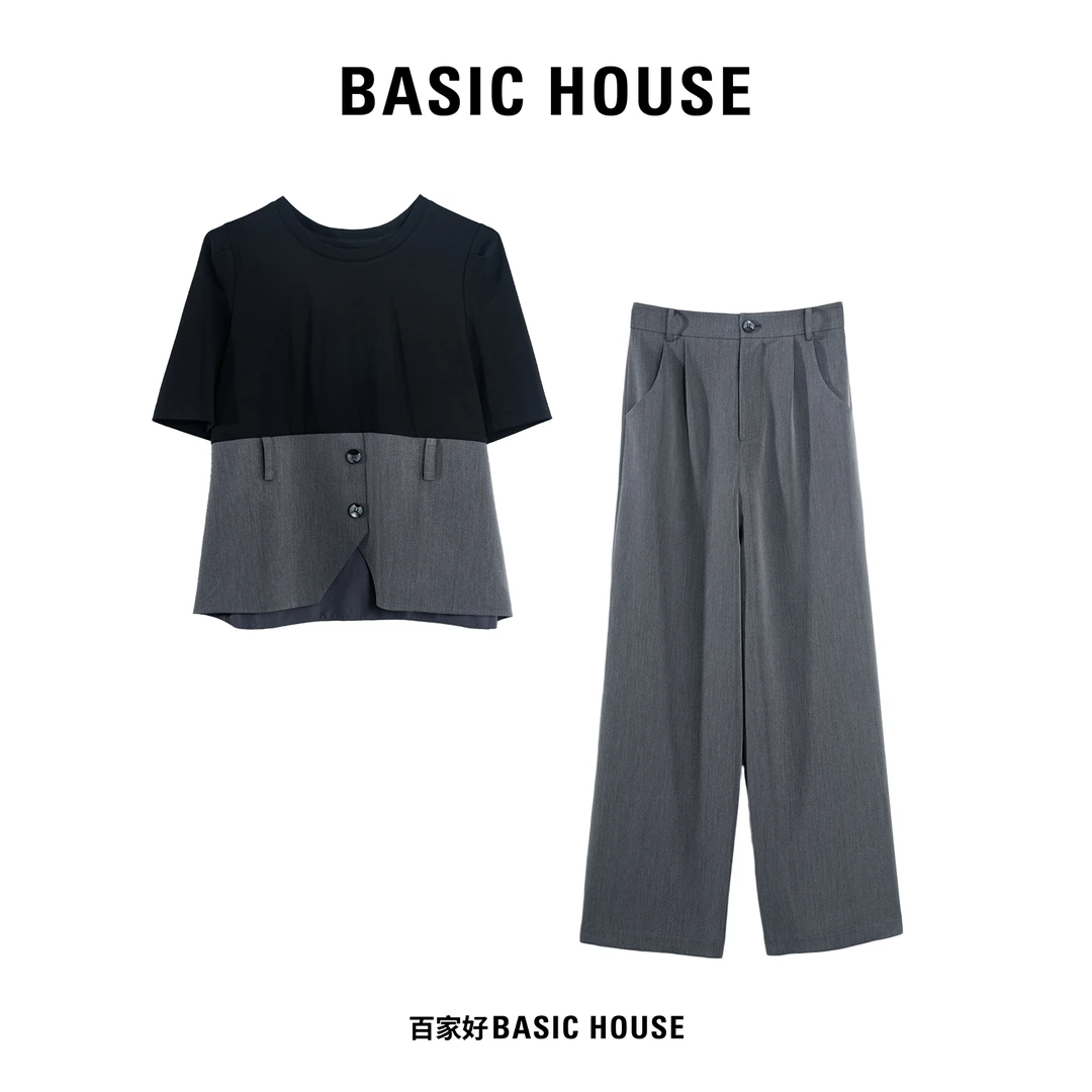 Basic House/百家好2024年清 拼接上衣长裤时尚简约短袖套装XX