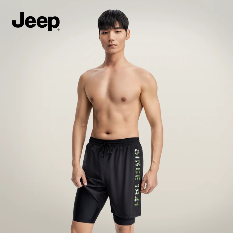 Jeep男士泳裤速干竞速双层透气健身游泳裤抗氯舒适平角设计感运动