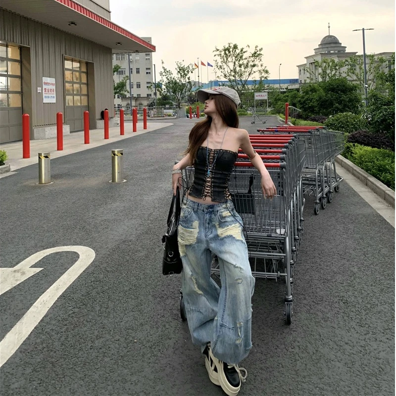 夏季新款美式复古洗水破洞阔腿裤辣妹风牛仔裤拖地裤长裤设计感