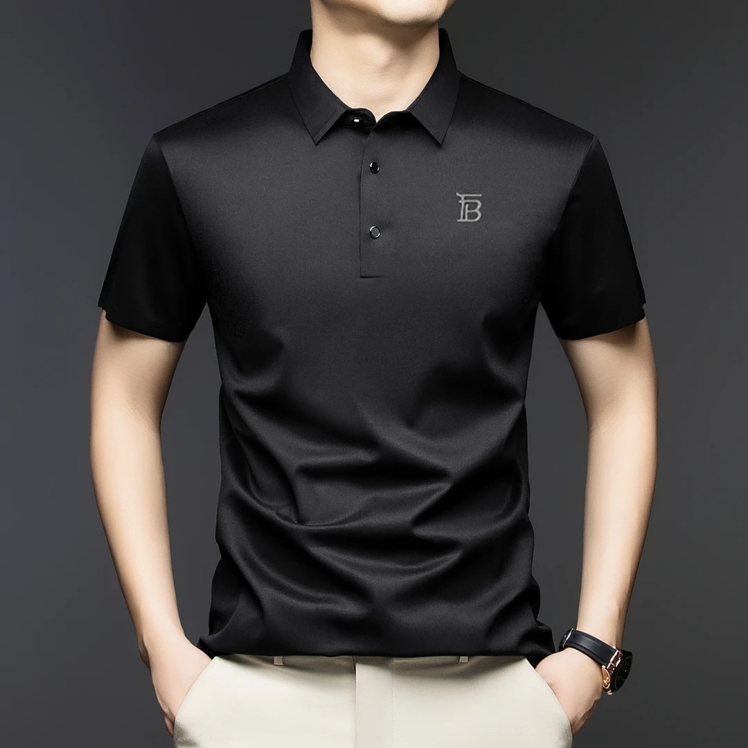 欧洲轻奢LUNBBLRRY夏季桑蚕丝短袖t恤男士高档商务冰丝薄款POLO衫