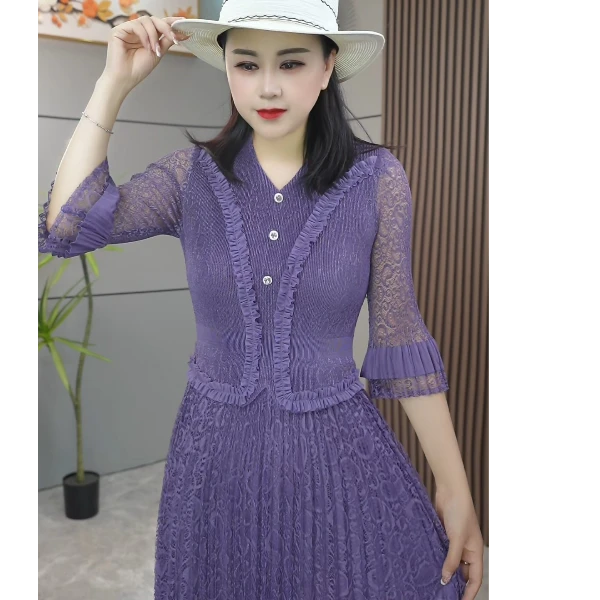 【文文家】SK244三宅褶皱轻奢女装#紫色蕾丝V领镶花边连衣裙
