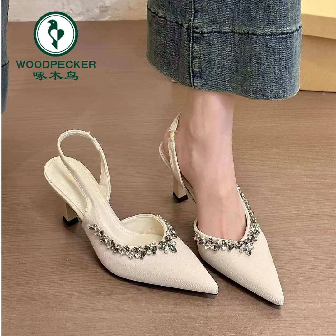 woodpecker/啄木鸟titing紫兰美人！气质尖头水钻凉鞋女春高跟单鞋