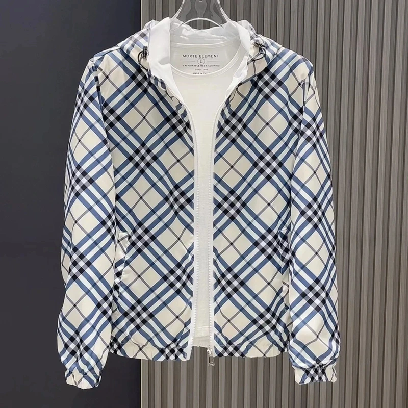 连帽立领常规潮流格子男女同款双面百搭夹克基础大众免烫宽松时尚