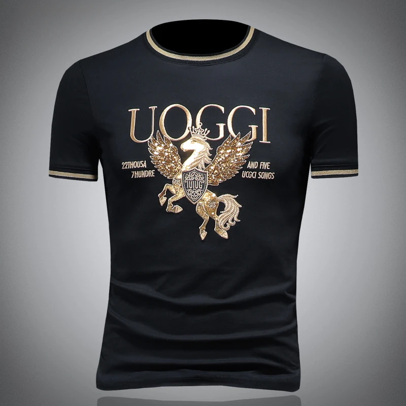 纽斯赫肯轻奢高级感短袖t恤男士夏季修身百搭潮流刺绣休闲半袖T恤