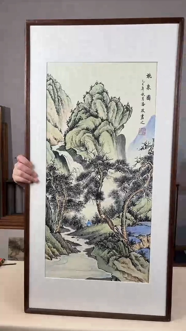 国画手绘*听泉图*47*92cm带框发货