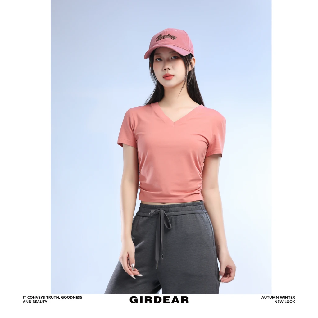 GIRDEAR/哥弟「珊瑚恋歌」 百搭休闲冰丝V领短袖减码T恤夏季1300888