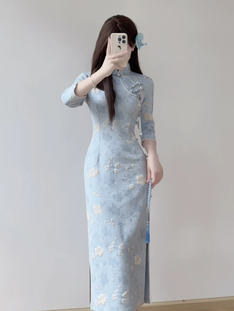 【雪沁蓝】秋季新款气质高端修身改良新中式国风连衣裙蓝色日常女