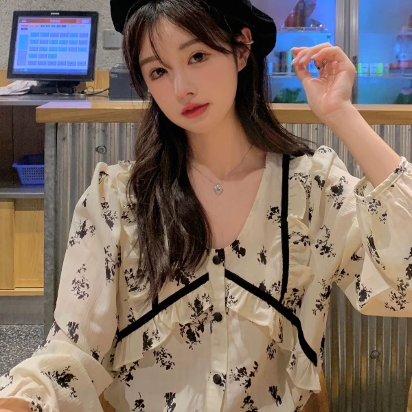 【全额运补】小衫轻奢高级感法式小众绝美长袖衬衫女新款秋拼色碎花