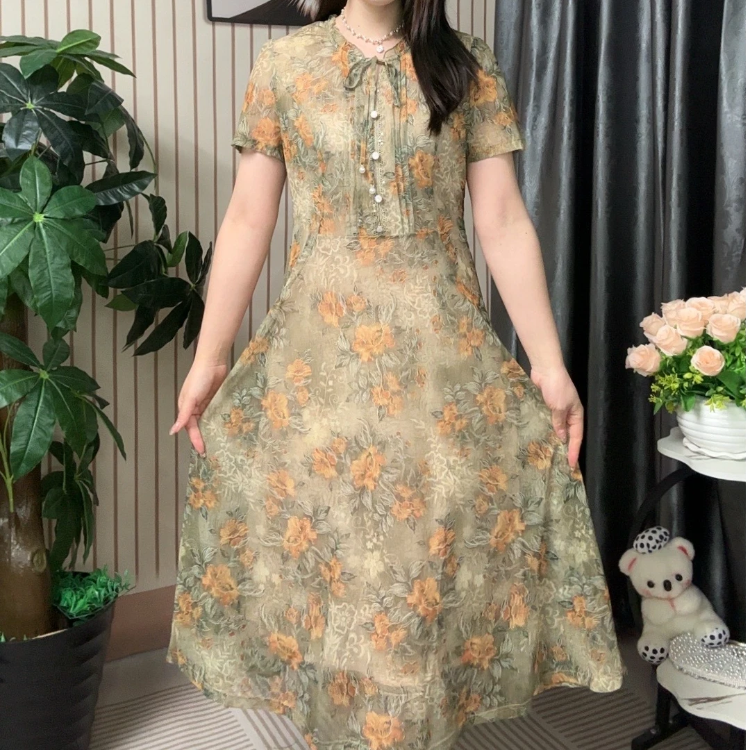 纽扣植物花卉长裙碎花中老年女装女装法式中长款时尚裙子A820