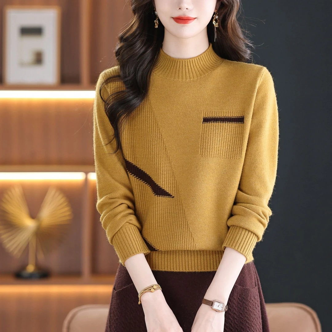 高级感提花毛衣女秋冬新品内搭打底上衣慵懒风半高领套头打底衫厚