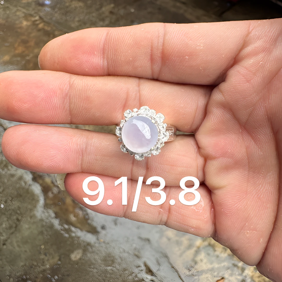 0914(小哪吒在源头)冰种翡翠正圆冰粉春戒面干净饱满荧光足M80